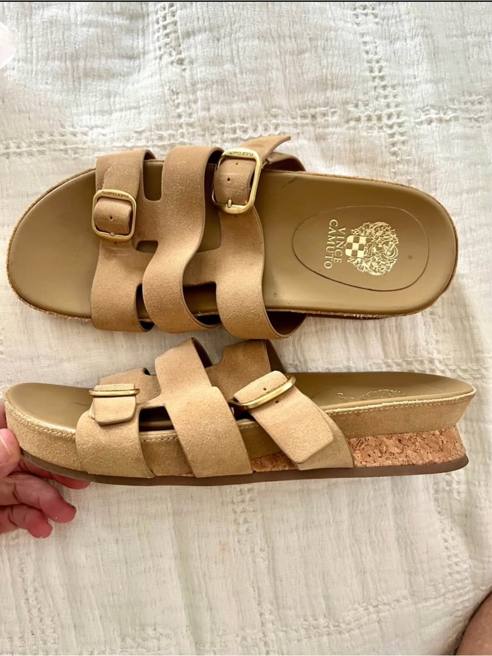 Vince Camuto Beige Suede Triple Buckle Slide Sandals - Picture 2 of 3